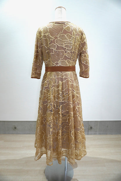 leja/花柄刺繍パイピングキラキラフレアロングドレス